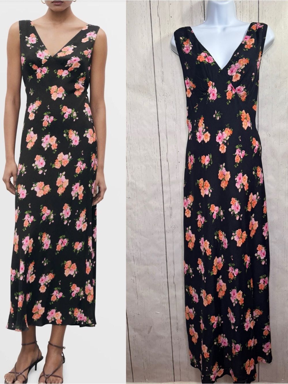 Mango MNG Floral Slip Midi Dress Romantic Cottagecore Black Pink Size 12 NWT